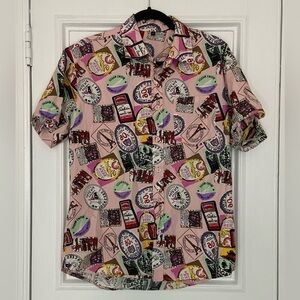 Eclectic Pink Multicolored Alcohol Labels Fun Colorful Casual Button Down Large